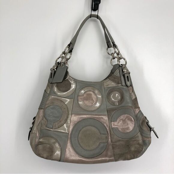 Coach RARE Mia Inlaid C Maggie Hobo Bag #15770 Gray Silver Leather - Picture 1 of 16